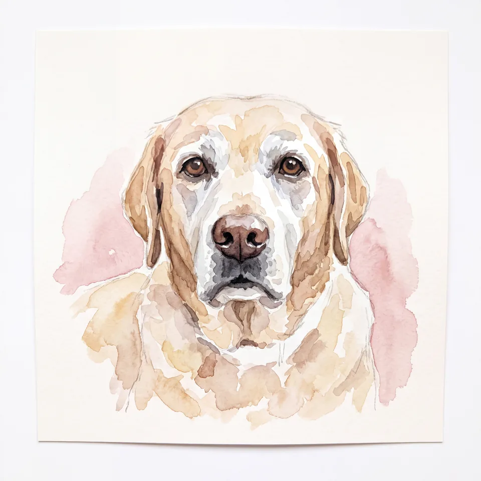 Watercolour portrait of a senior Labrador, without memorial symbols