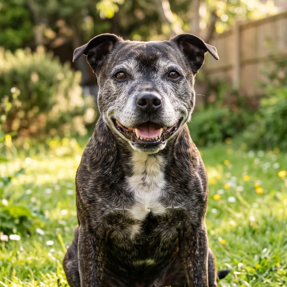 Senior Staffy photo used for the memorial example