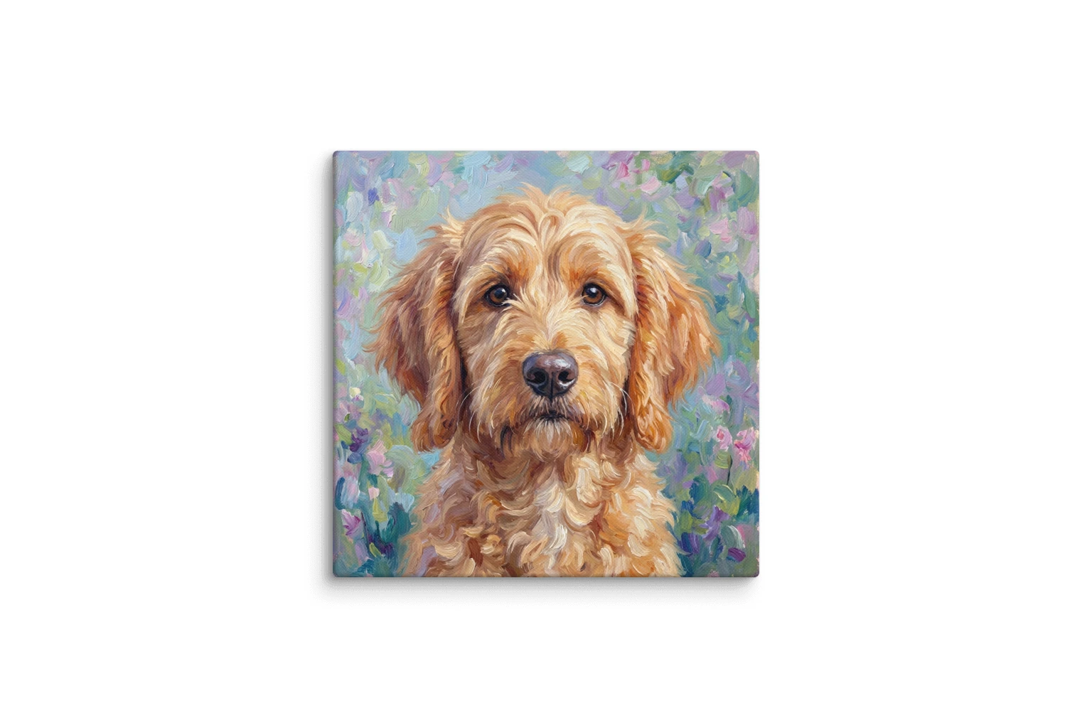 Square canvas with an Impressionist portrait of a golden dog