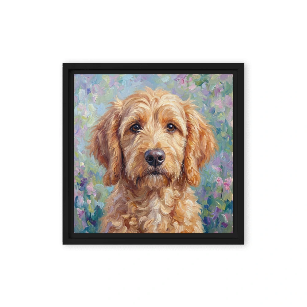 Black square framed canvas with an example dog portrait